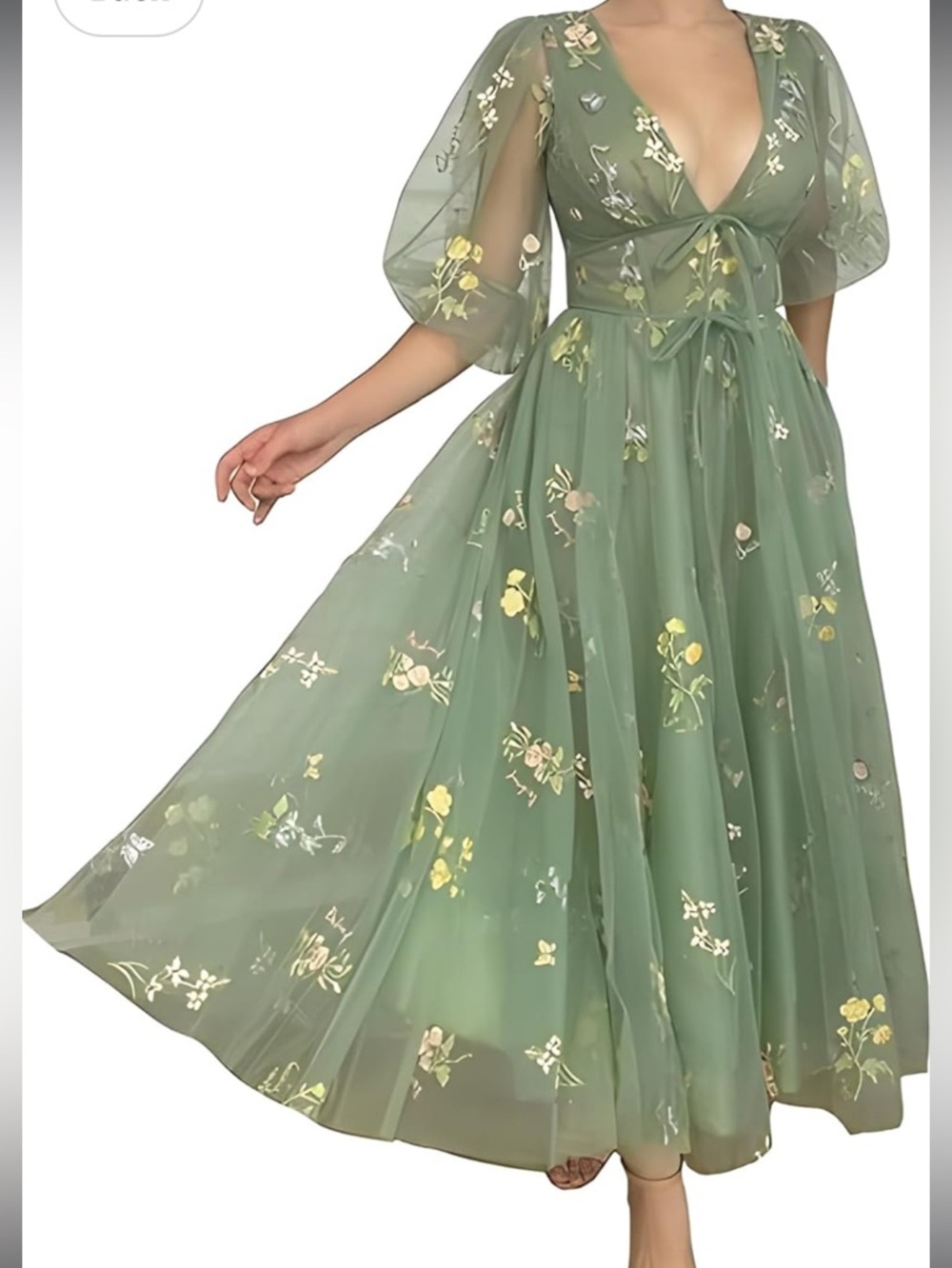 Embroidered toile Green Floral V-Neck tea length corset dress 18W